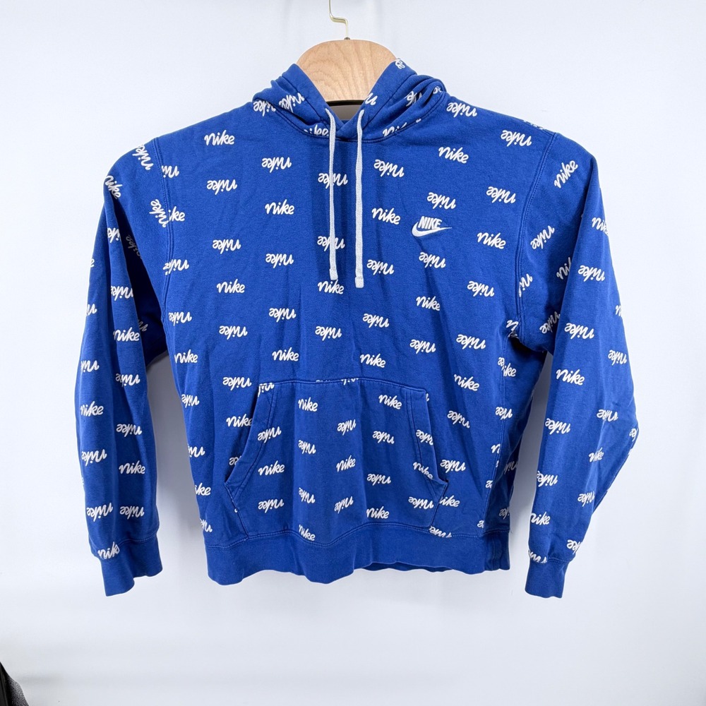 Nike‎ All Over Print Cursive Script Logo Hoodie Royal Blue Fleece Pullover